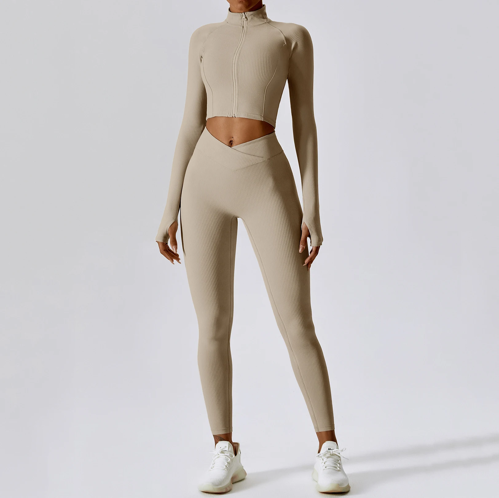 Custom Women Soft Comfort Quick Dry Ribbed V Cut Flare Pants and Jacket  Sports Bra Tops Set