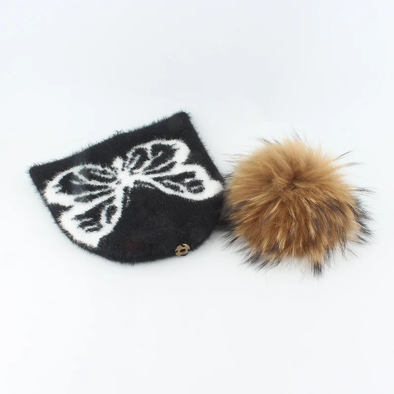 FF3090 Woman Pom Pom Beanie Hats Ski Snow Skull Caps Warm Butterfly Jacquard Knitted Beanies Cap Fuzzy Furry Fluffy Winter Hats