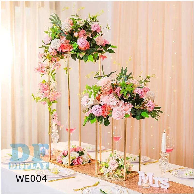 WE004 Wedding Centerpieces Gold Vases set of 2 Pcs Tall Flower Stand Metal Floor Vase Column Geometric Centerpiece Stands