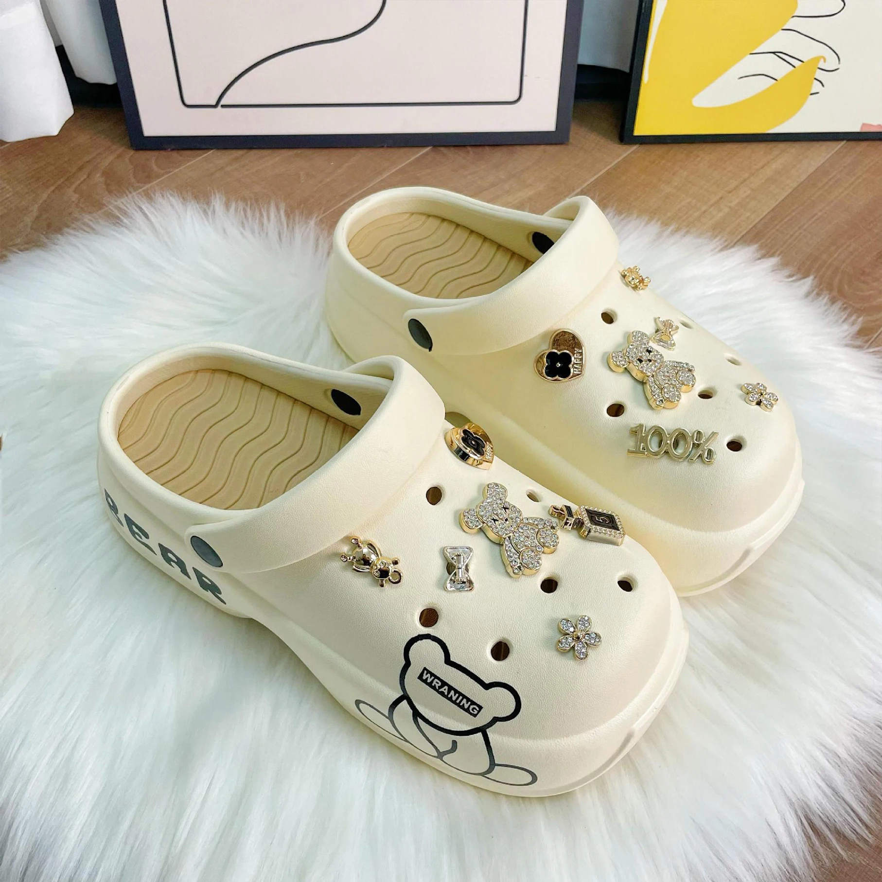 Plush DIY Platform Clogs for Women Cushioned Sole Slip-On Sandals with EVA Insole DIY Summer Casual mules for Ladies