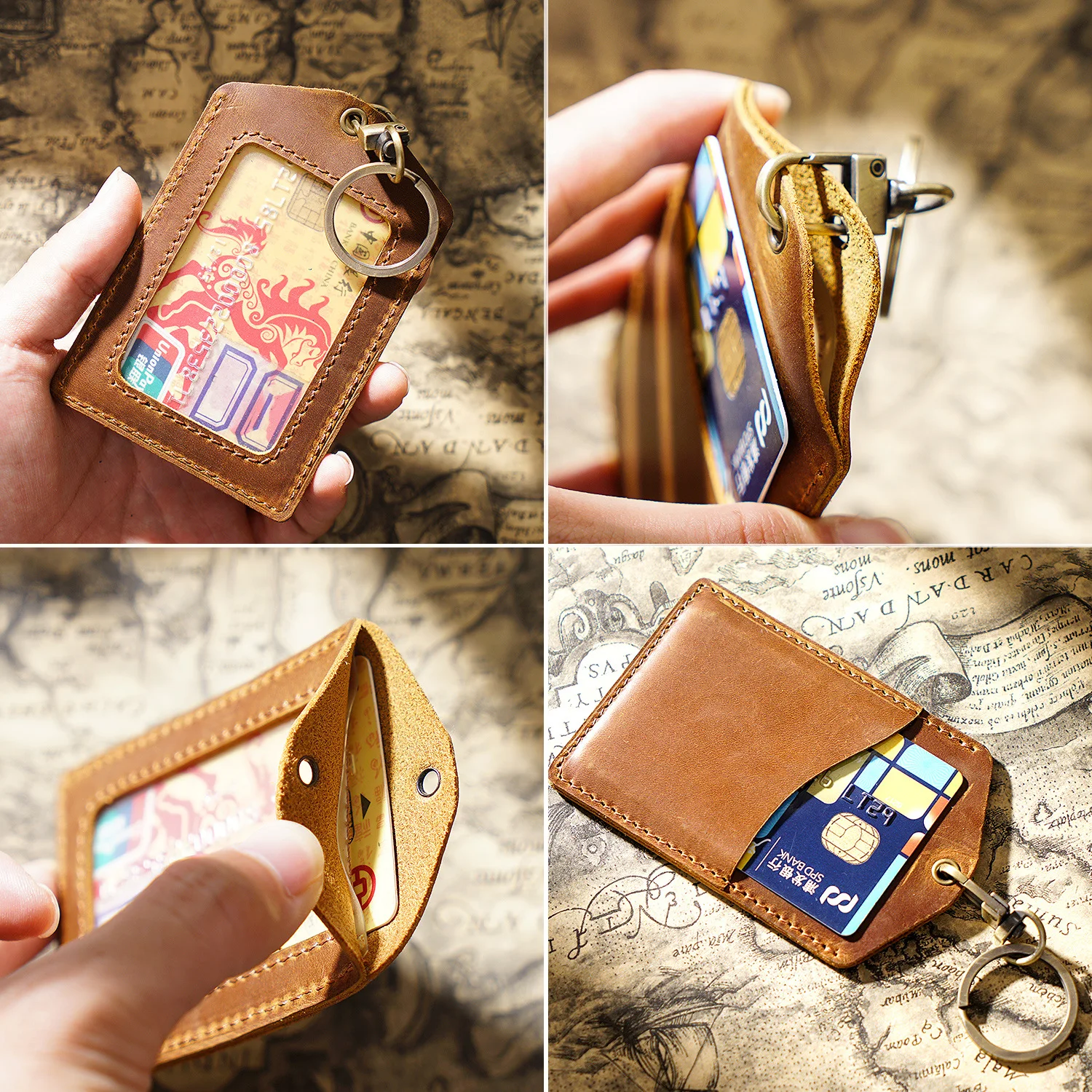 New Style Work Permit Card Holder Name Tag Card Genuine Leather Protective Cover  Campus Access Key Ring Keychain Readers Sleeve