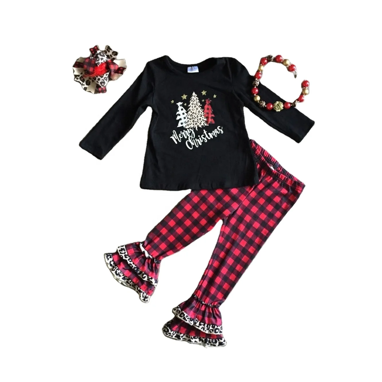 2020 baby girls  Fall winter Christmas tree red plaid set