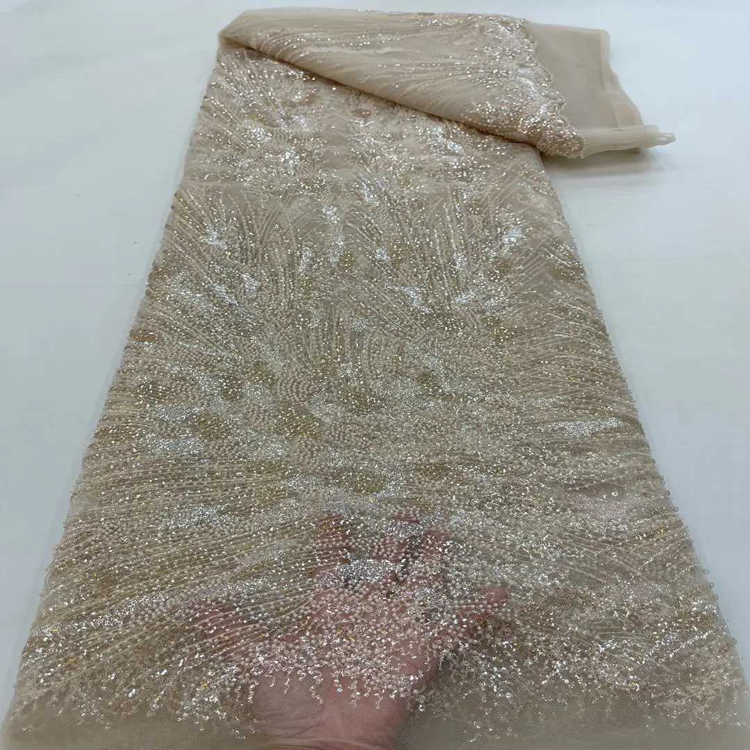 Decent Nigerian tulle embroidered beaded guipure lace 3d leaf fabric for evening dress
