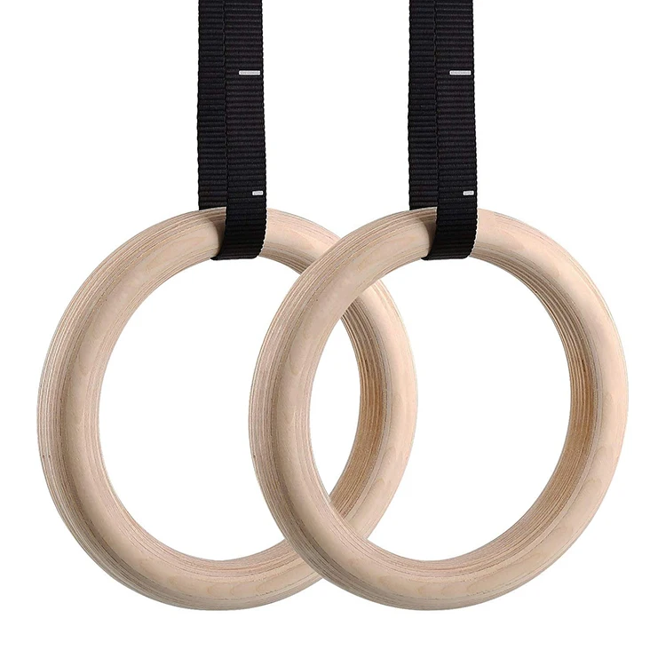 Heavy Duty Gym Equipment 1100lbs Wooden Gymnastic Rings With Adjustable Straps