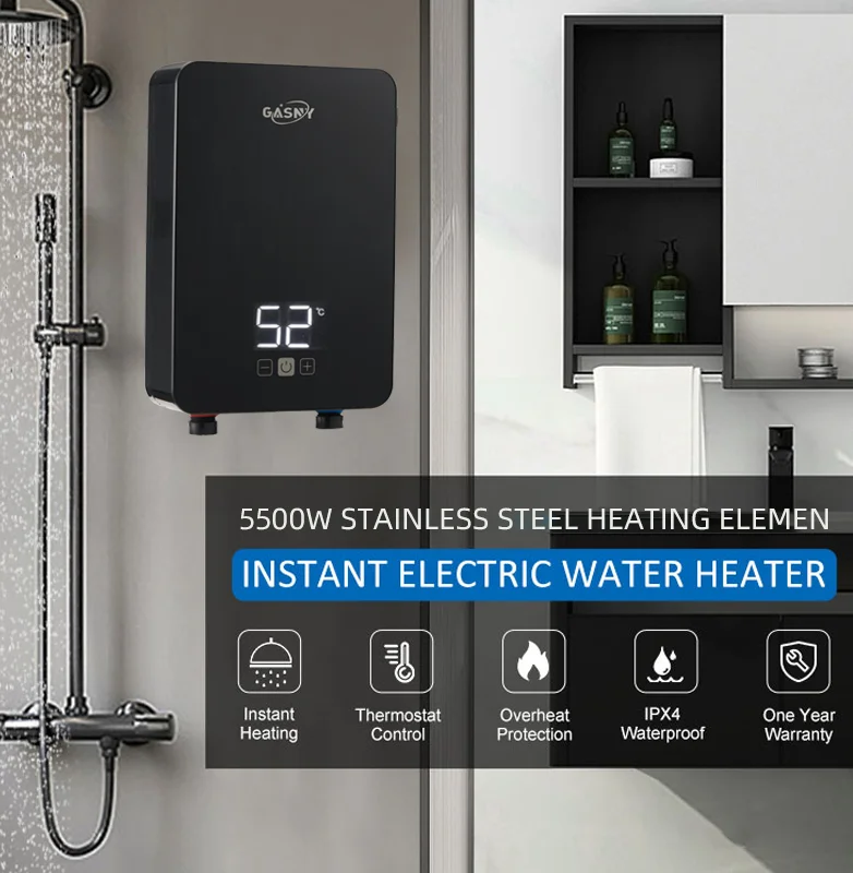 Low water pressure start square glass shell 6000w touch screen smart hot water supply instant electric water heater