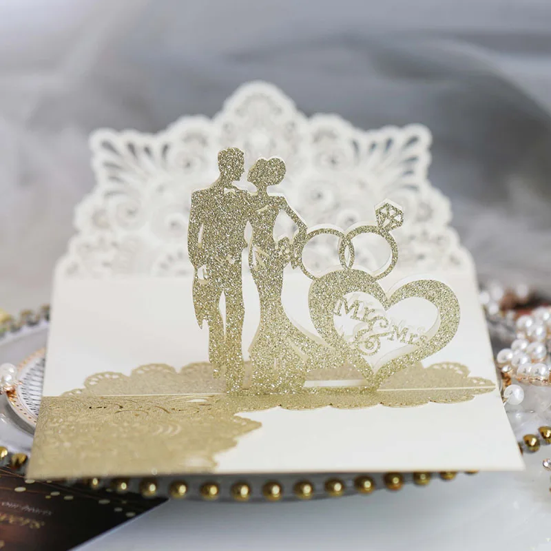 Hollow Bride Groom Glitter Invitations Luxury Wedding Cards With RSVP Cards