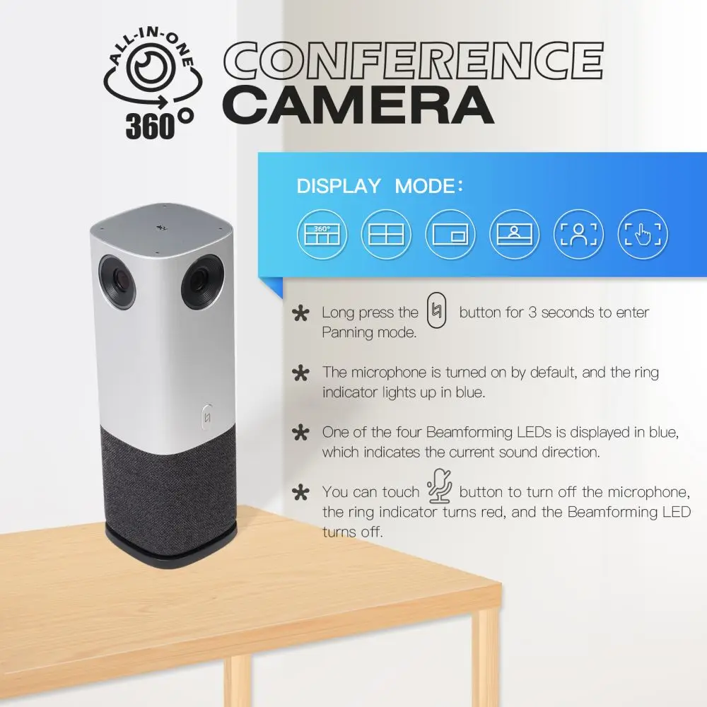 AI Panoramic Video Conferencing Camera with Speaker UltraHD 4K 360 Conference Camera
