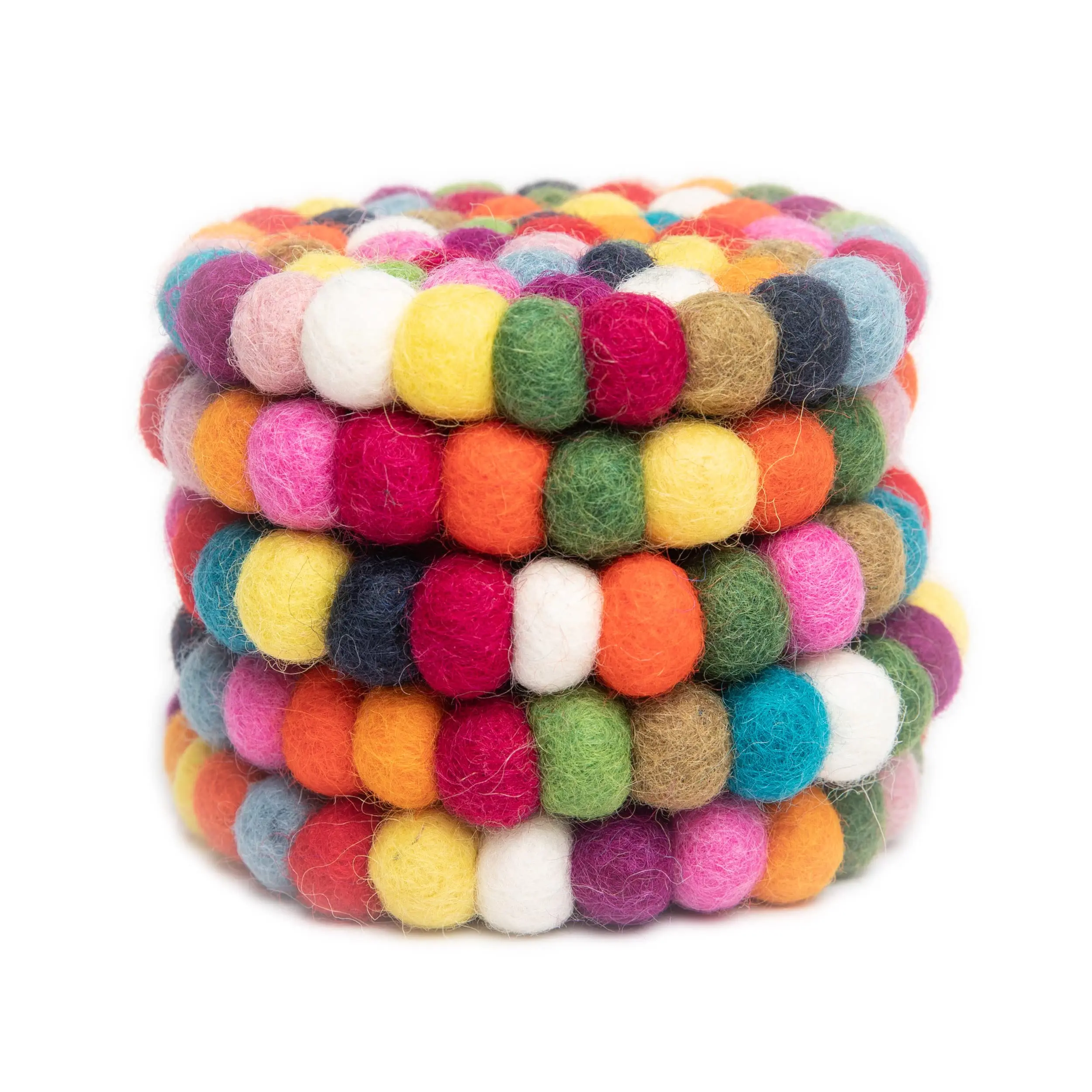 Round Felt Ball Coasters Hand Felted in Nepal Multi-Color Set 100% Merino Wool Water-Wicking Stain-Resistant Absorbent Drink Mat