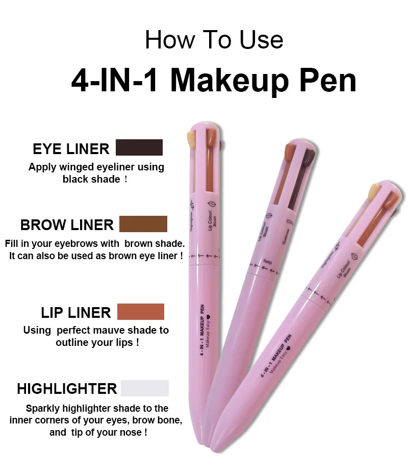 Vegan cruelty free multifunctional eyeliner lipliner highlighter eyebrow pencil private label custom 4 in 1 makeup pen