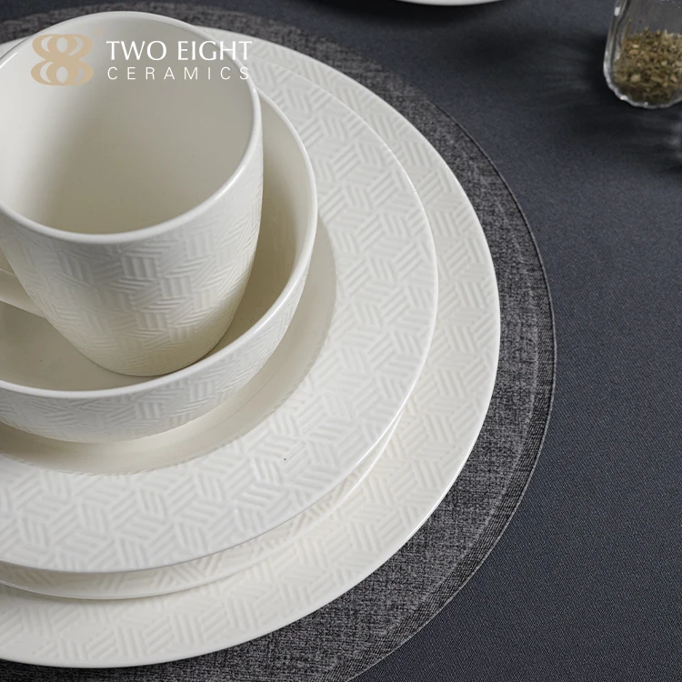 New Bone China Embossed Striped Microwave Oven & Dishwasher Safe Porcelain Set Dinnerware Geometric White Ceramic Dinner Plates