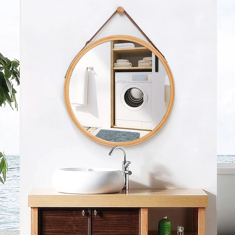 
Bamboo Frame Hanging Round Mirror Wall Mounted for Bathroom/ living room/ Entryway 