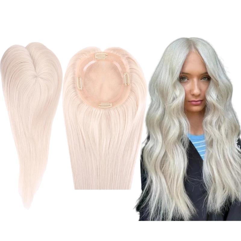 14 Inches Mongolian Virgin Human Hair Hairpiece Platinum Color  Silky Straight 3x5 Mono Topper Closure for Woman