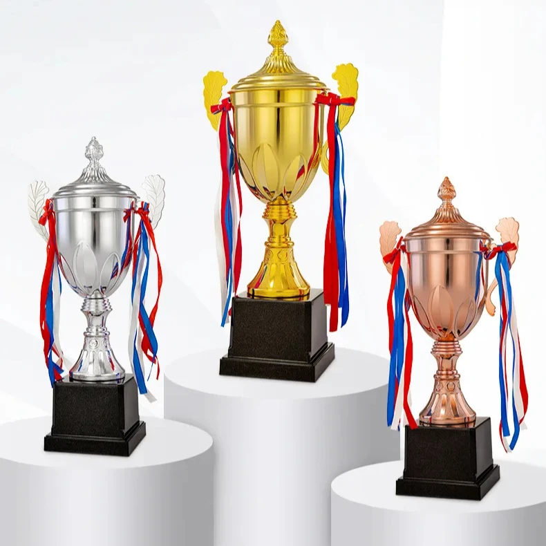Custom Logo Metal Crown Large Trophy Sports Basketball Football Crown Trophy Double Ear Gold Cup With Cover