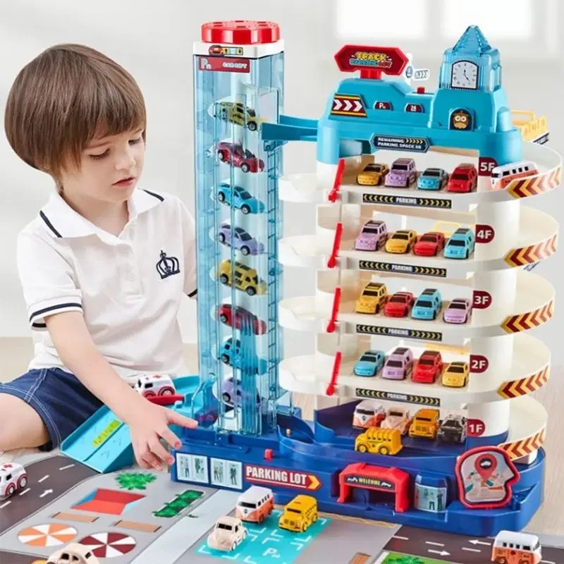 Hot Selling Assembling Building Set B/O Lifting Parking Lot With 8 Cars Slot Toys For Children