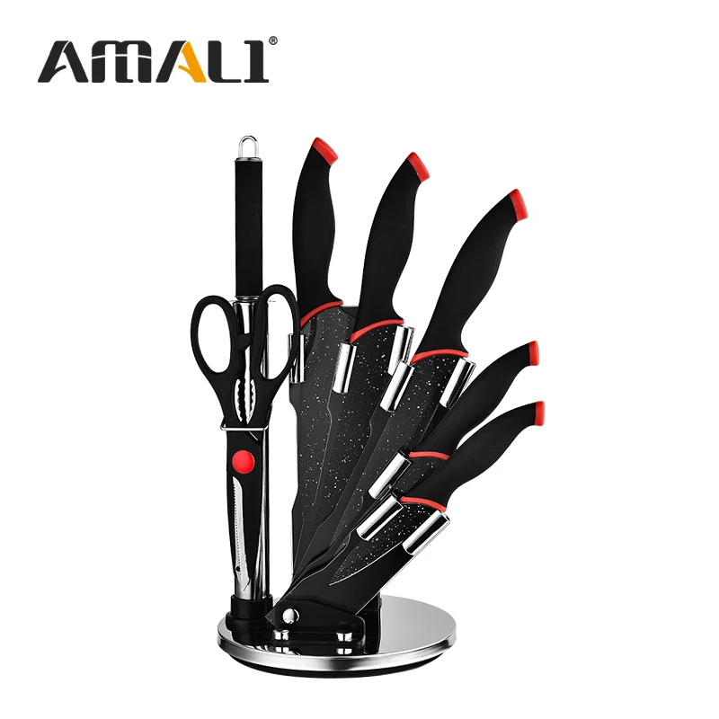 Soft Grip Heat Resistan -8PCS Stainless Steel Kitchen Non-Stick Knife Set With Acrylic Knife Block  Marble Coating Knife