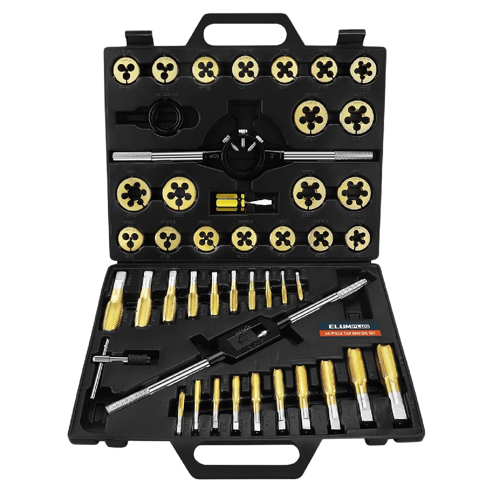 Tap and Die Set (45-Pieces), for Repairing and Creating Internal and External Thread Standard Coarse Fine