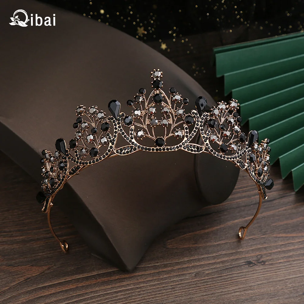 Qibai аксессуары корейские свадебные Хрустальная корона винтажная Золотая черная повязка на голову Свадебная пряжа аксессуар для Хэллоуина оголовье