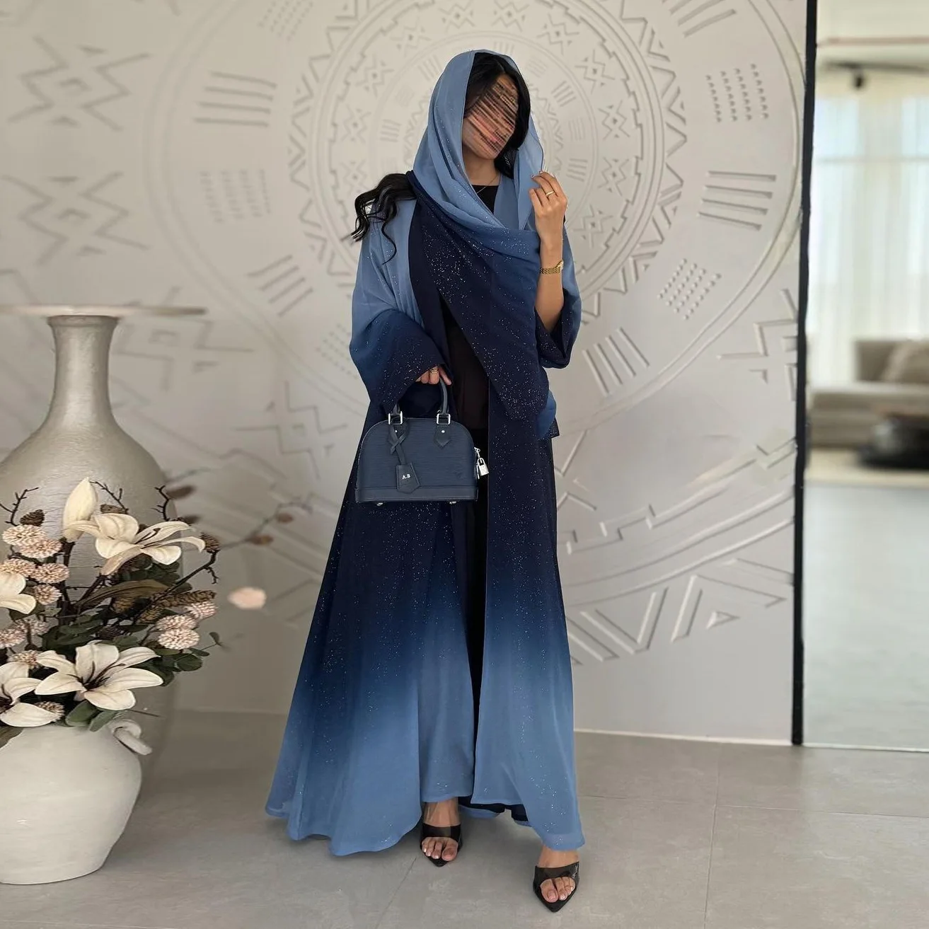 2024 Modest Luxury Dubai Abaya Turkish Women Muslim Dress Glitter Chiffon Kimono Tie Dye Ombre Abaya