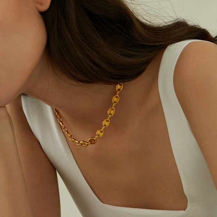 18K Gold Plated Trending Bean Chunky Thick Chain Choker Female Stainless Steel 7mm Coffee Bean Chain Necklace Jewelry