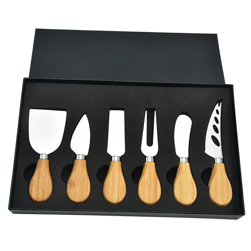 Multi-functional kitchen tools heat-resistant 6-piece cheese knife set with bamboo handle
