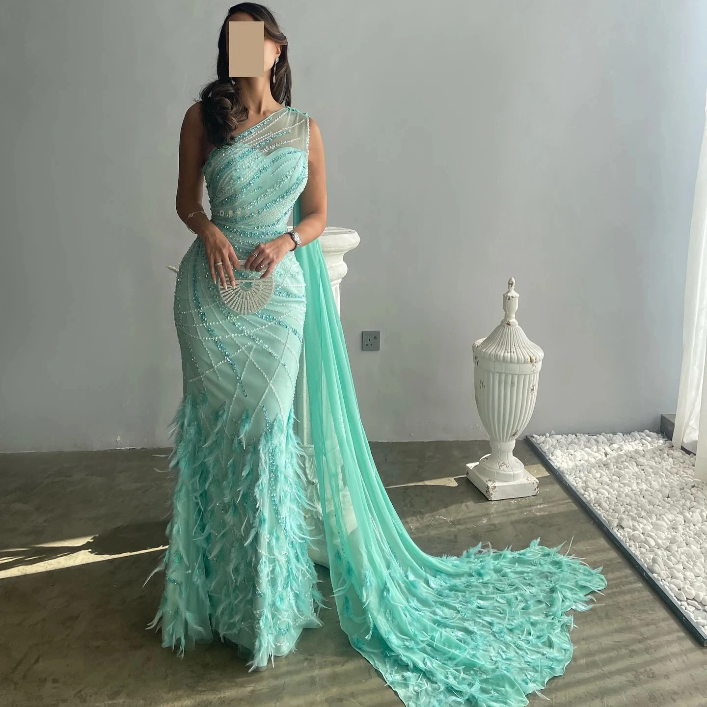 Luxury Feather Turquoise Aqua One Shoulder Mermaid Evening Dress with Cape Train Long Prom Wedding Party Gowns SZ498-2
