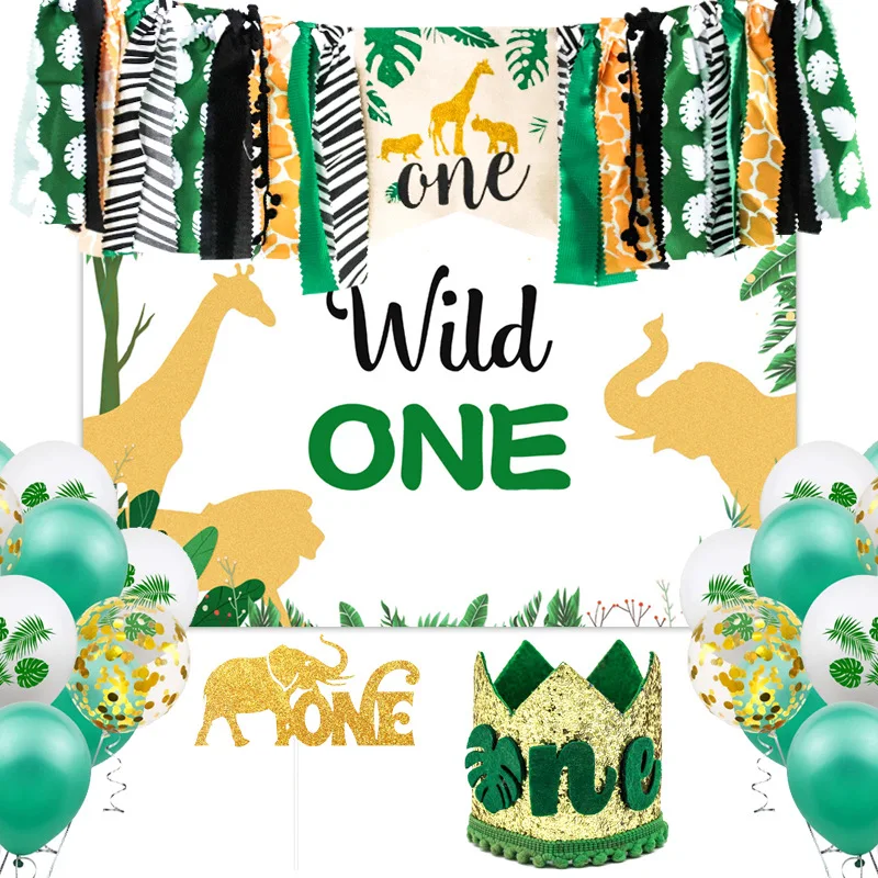 Children Birthday Green Forest Animal Theme Banner Happy Birthday Flag for Cake Decorating Supplies Baby one Year Celebration