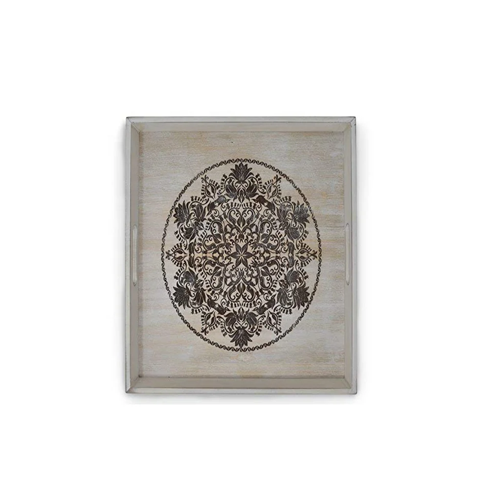 Decorative Wooden Serving Tray With Engraved Art For Carrying Drinks Letters Mail coffee tables side tables square wooden tray
