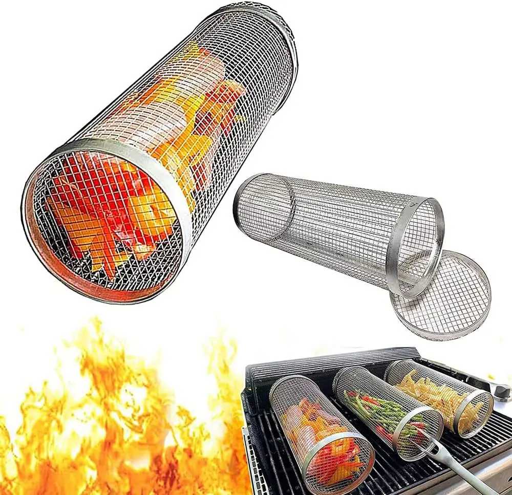 NEW Large small round grilling mesh rack outdoor camping picnic 18/8 stainless steel BBQ rolling grill basket