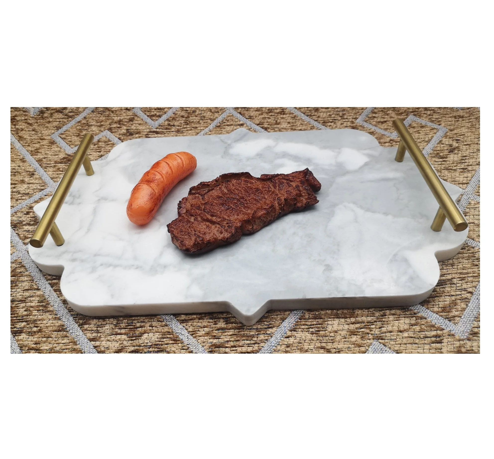 Easy Carry Houseware Customization Irregular Shape 100% Natural Stone Marble Tray with Metal Handles