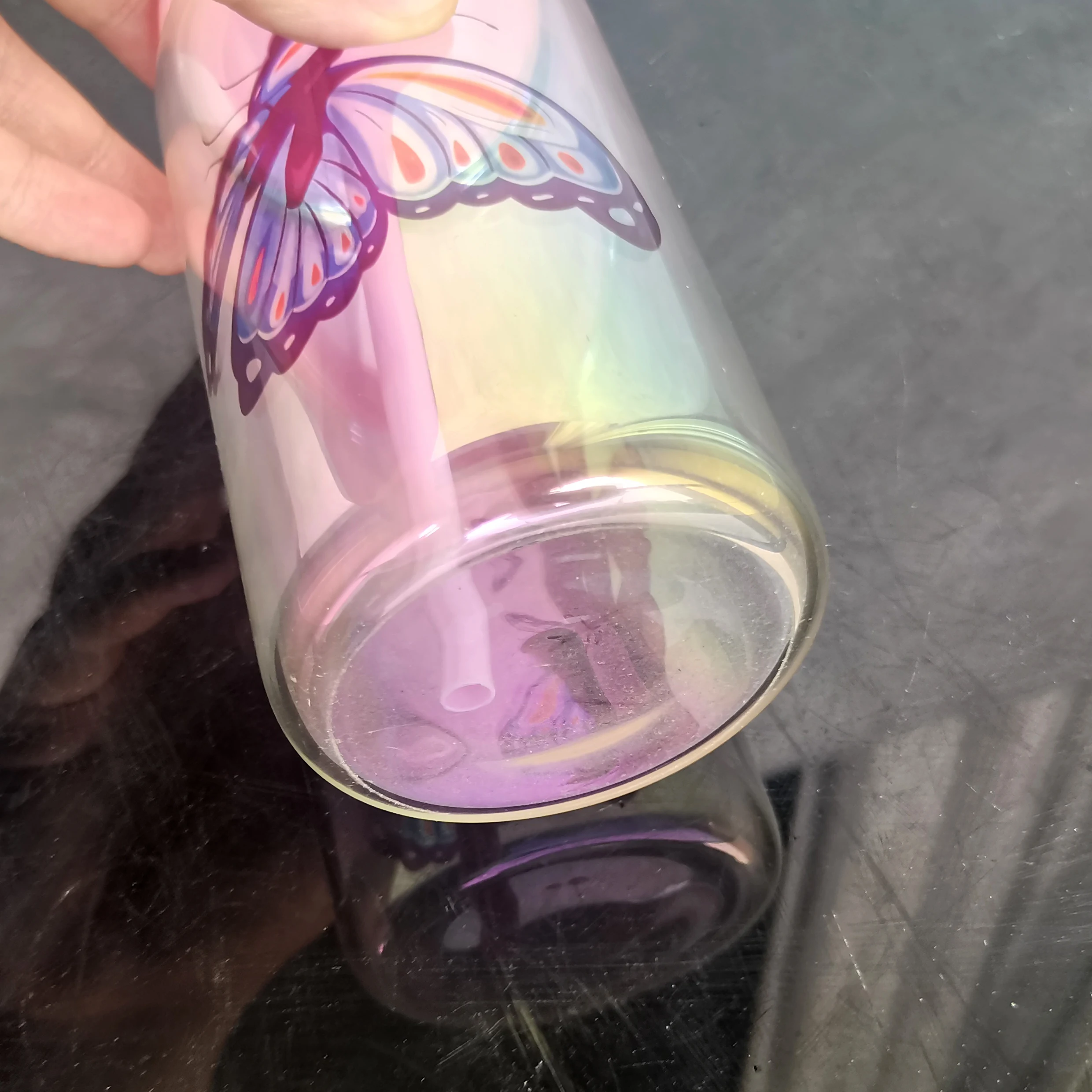 wholesale bulk iridescent rainbow plated blank sublimation with colored lids and straw  Holographic 16oz beer glass can