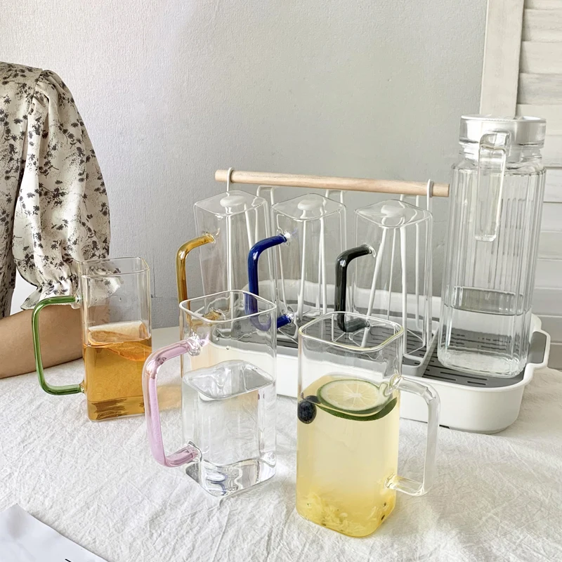 High Borosilicate Square Glass With Colored Handle Clear Pyrex Glass Coffee Cup Set