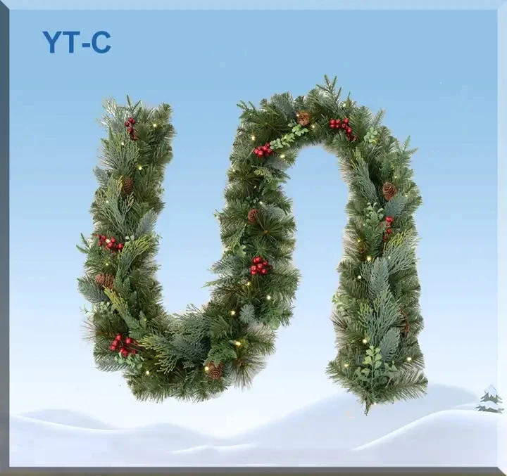 Artificial Green Pine Needle Pvc With Pine Coines Red Berries Xmas Garland For Door Wall Ornaments