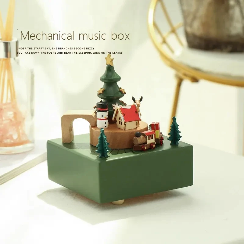 Christmas Train Ornaments Wooden Rotating Music Boxes Gifts