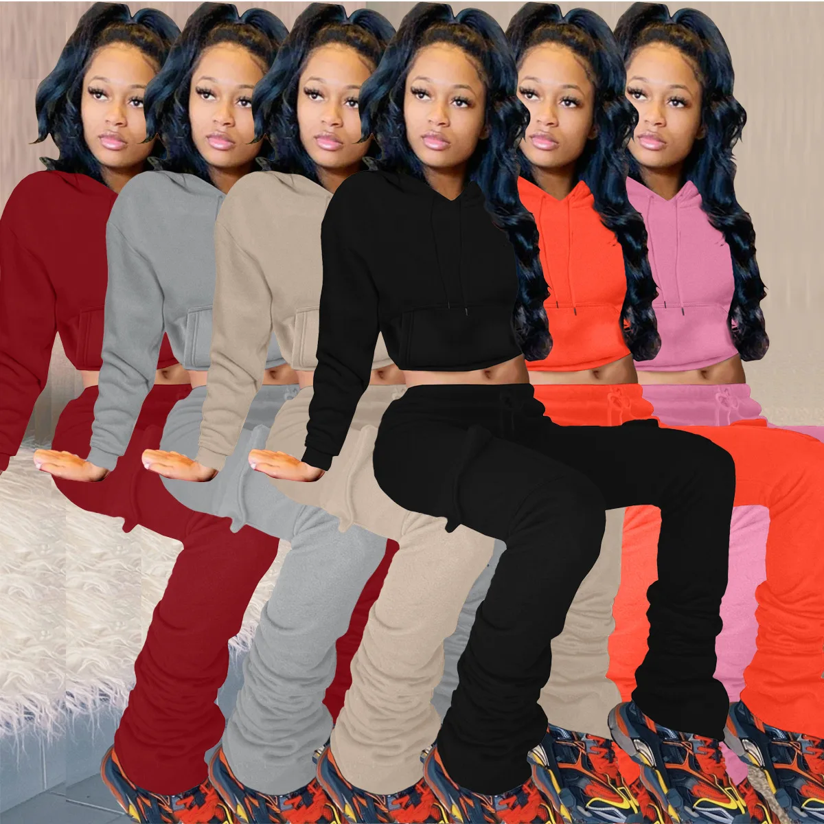 Fall Winter sets for Women Crop Hoodie Stacked Sweat Pants Two Piece Set Tracksuit Jogger Sweatpants Sweatshirt Hoodies Sets