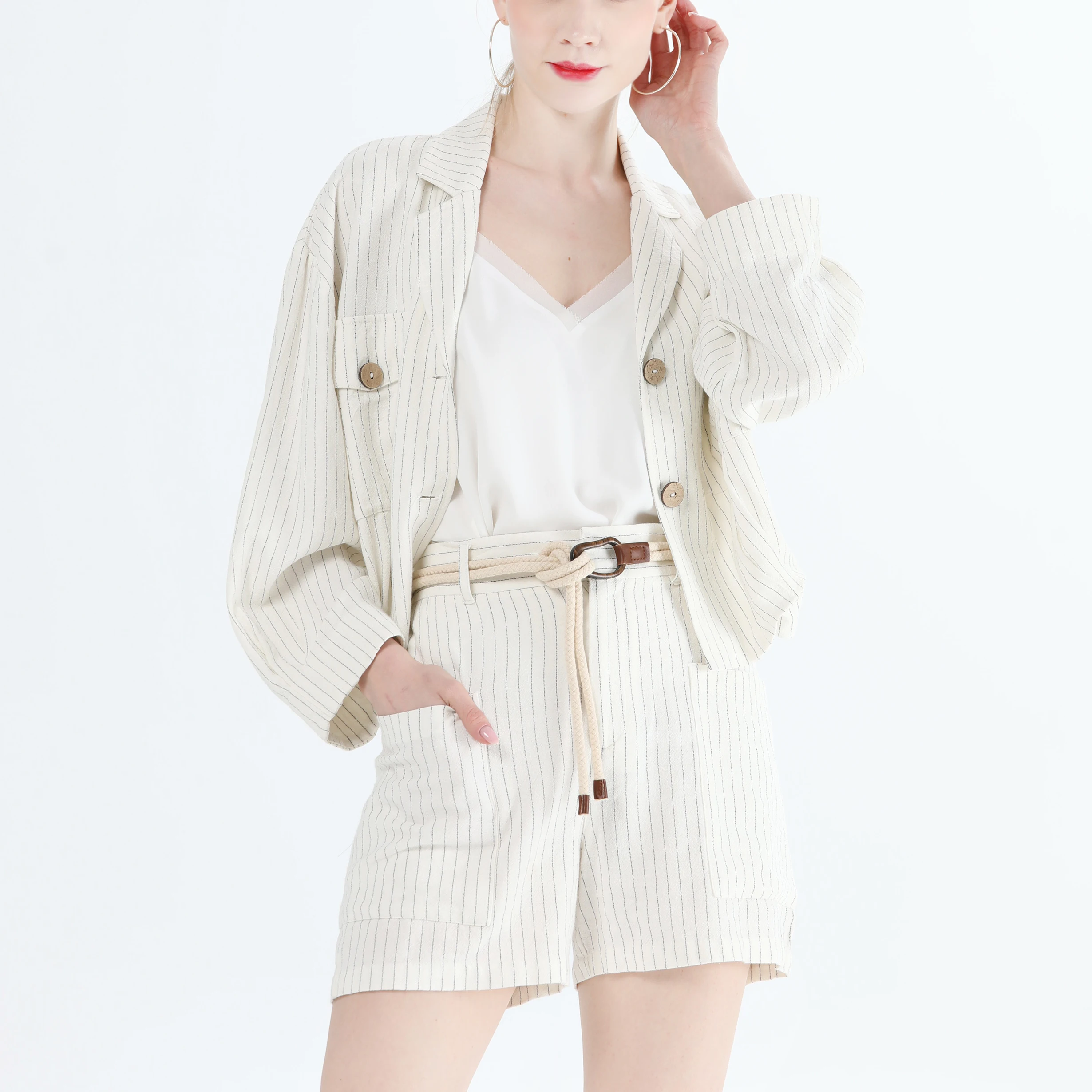 Amazon хит продаж, весенний льняной хлопковый полосатый Повседневный женский осенний комплект с хлопковой подкладкой, женские блейзеры