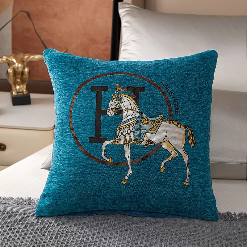 Luxury Decorative Cartoon Style Square Pillowcase Horse Pattern Jacquard Chenille Cushion Covers