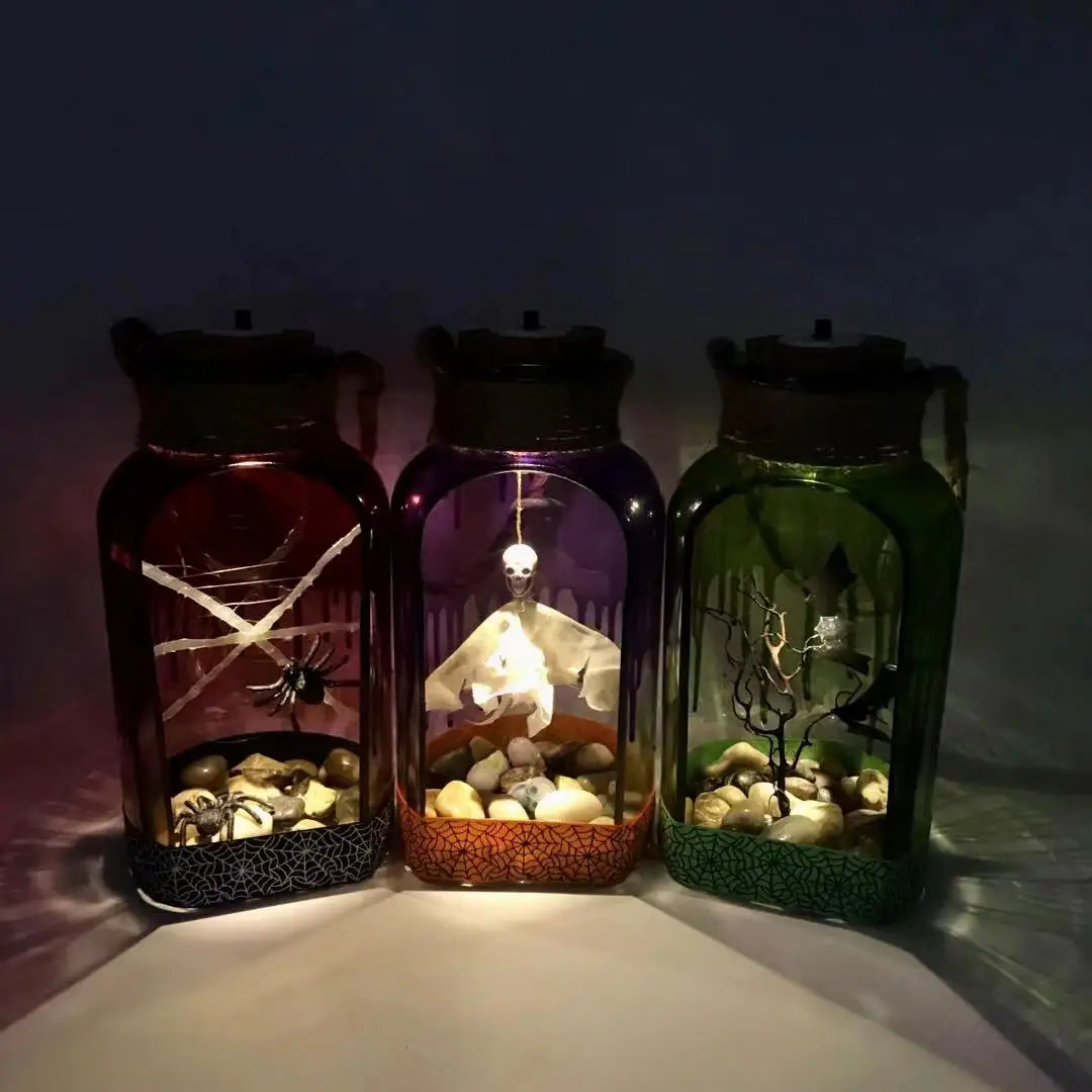 Customized processing Halloween decorative props LED glowing glass jar spider bat hanging ghost skeleton