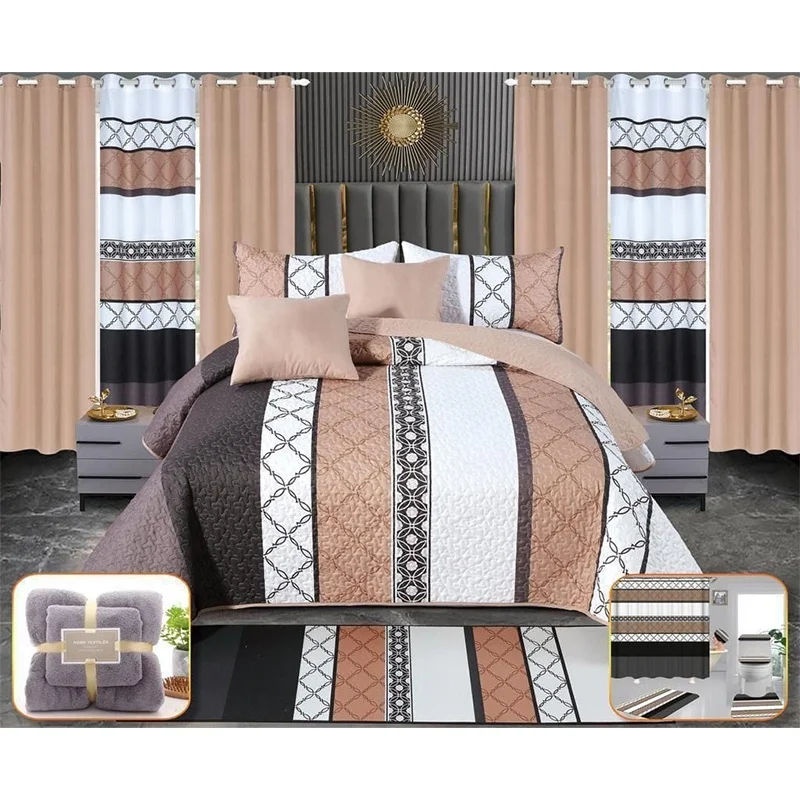 Red Flower Print Navy Blue 3d Printed Linen Blend Custom King 26PCS Polyester Curtain bedding Set