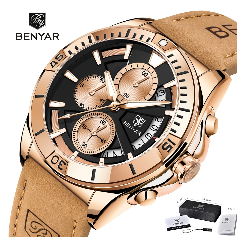 BENYAR Top Brand Luxury Men Quartz Wristwatch Rubber Strap Waterproof 30M Business Chronograph Watch for Men Relogio Masculino