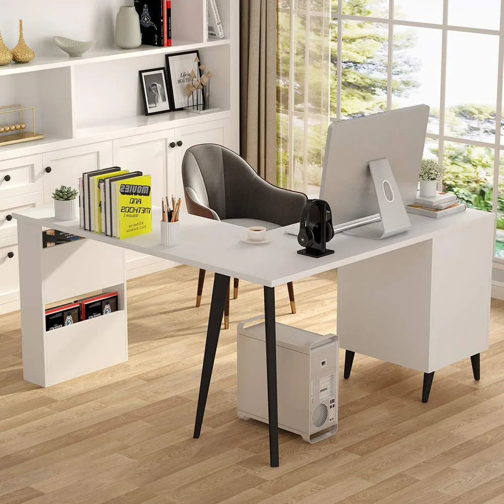 Elegant Modern Design L-Shaped Wood White Office Desks Computer Table with Drawer Open Storage