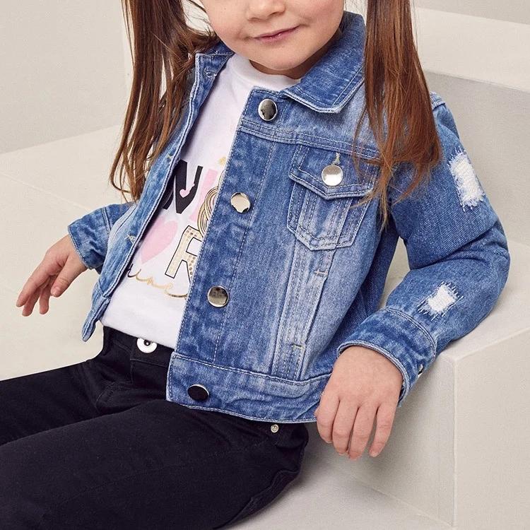 2021 Fashion Long Sleeve Girls Denim Jackets Ripped Cotton Jeans Kids Denim Jackets