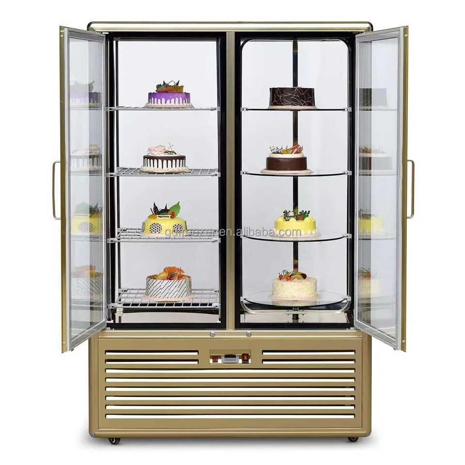 Commercial Bakery refrigerated showcase Rotating Cake Display Fridge with Vertical 4 side Glass