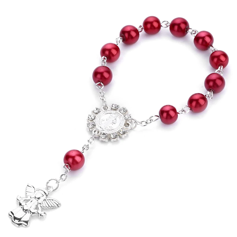 Religious colorful Jewelry Catholic Holy Communion Sublimation Rosary Bracelet Angel Pendants Baptism Gift