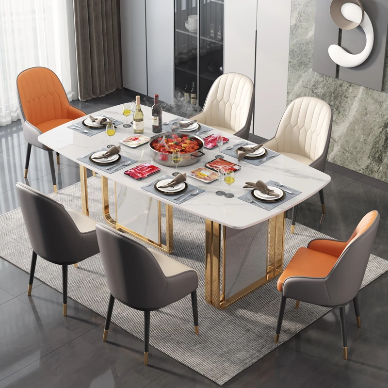 Luxury modern kitchen dining tables rectangular square shaped artificial slate top 6 seater steel leg slate dining table