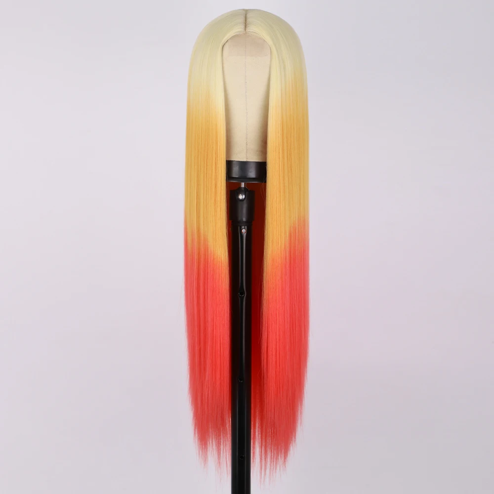 Middle Part Heat Resistant Fiber Long Straight Ombre Blonde Orange Yellow Synthetic Cosplay Wig for Women Natural Looking