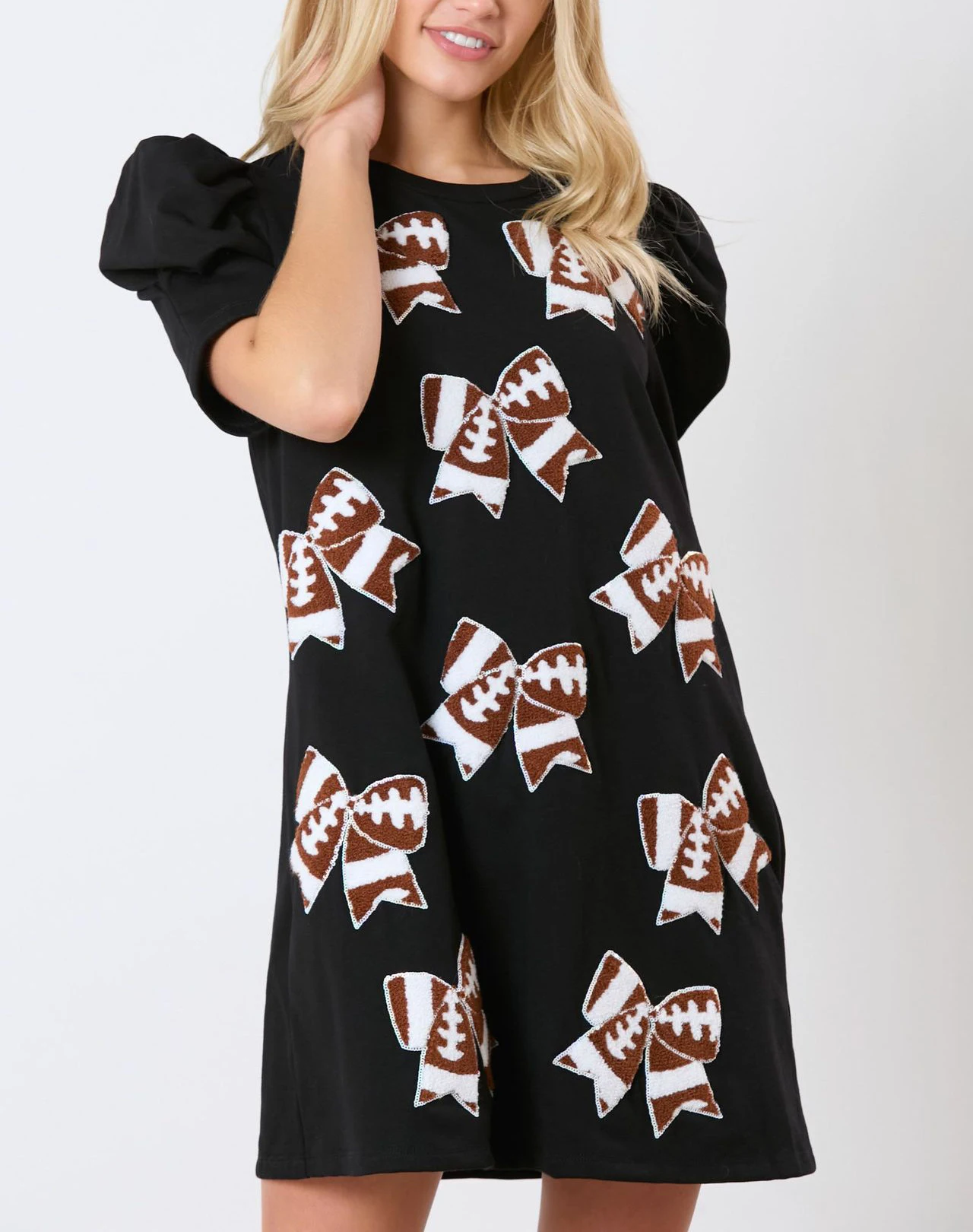 Loveda New Trend Gameday Dresses Crew Neck Puff Sleeve Game day Dress With Bow Tie American Football Sequins Patches
