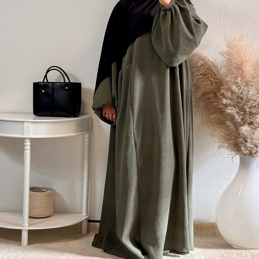 Latest Islamic Muslim Women Autumn Winter Abaya Dress Turkey Dubai Modest Corduroy Loose Casual Dresses Abaya Women Muslim Dress
