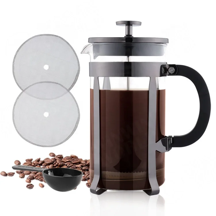 Heat Resistant Glass Black/Copper/Silver French Press Coffee And Tea Maker 304 Stainless Steel Coffee Press with 4 FilterScreens