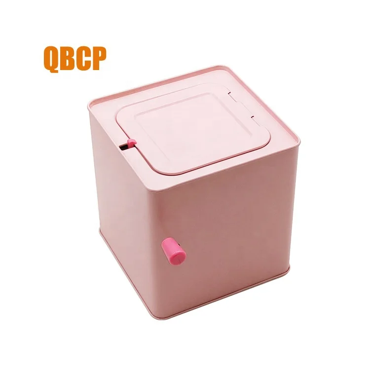 square shape hand crank music tin box with plush toy inside