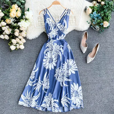 
2020 Summer Sexy Backless Floral Printed Chiffon Beach Dress Women 